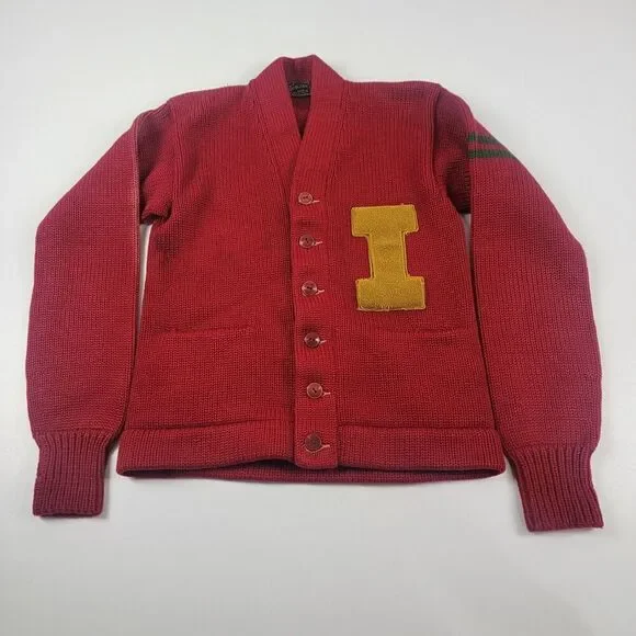 Vintage 50s 60s Wool Trojan Red Cardigan Sweater Made In Bay City, Michigan Sz M